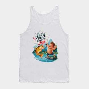 Joyous Boy Reeling in a Big Catch on Tranquil Lake Tank Top